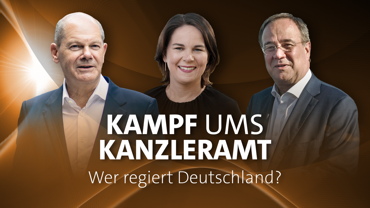 Olaf Scholz, Annalena Baerbock und Armin Laschet in einer Fotomontage, davor der Schriftzug "Kampf ums Kanzleramt – Wer regiert Deutschland?"