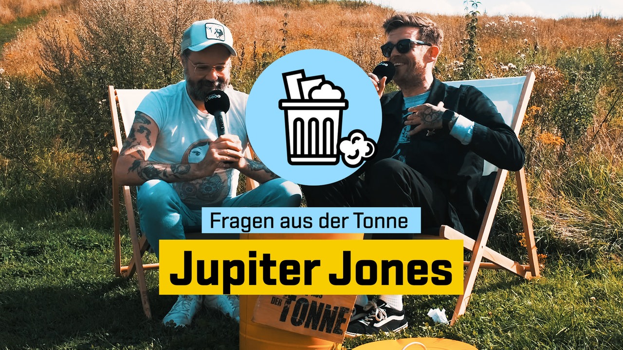 Die Band Jupiter Jones, im Vordergrund der Schriftzug Fragen aus der Tonne