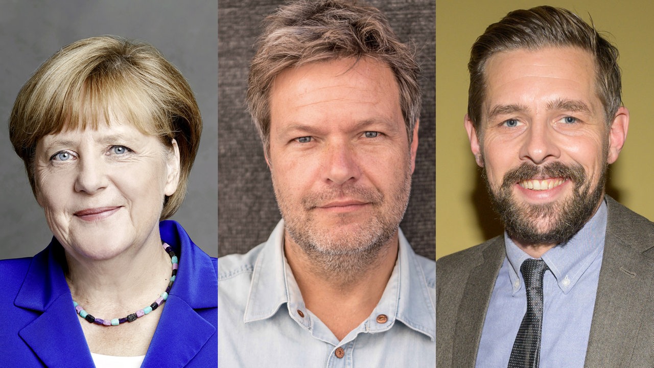Collage von Bundeskanzlerin Angela Merkel, Bundesvorsitzender der Grünen Robert Habeck, Moderator Klaas Heufer-Umlauf