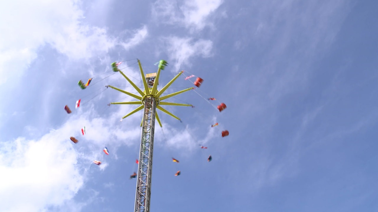 Ein großes Karussel vor blauem Himmel.