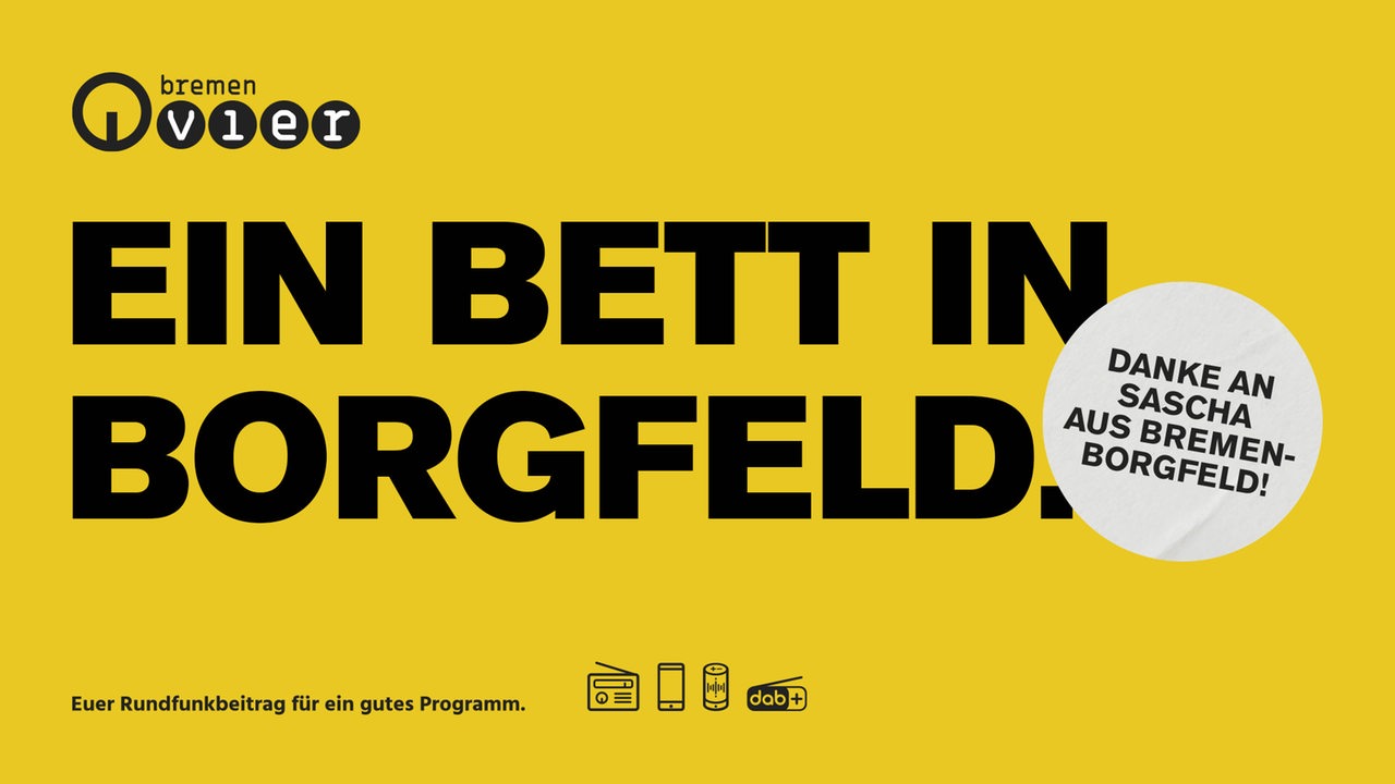 Gelber Hintergrund mit der Aufschrift "Ein Bett in Borgfeld"