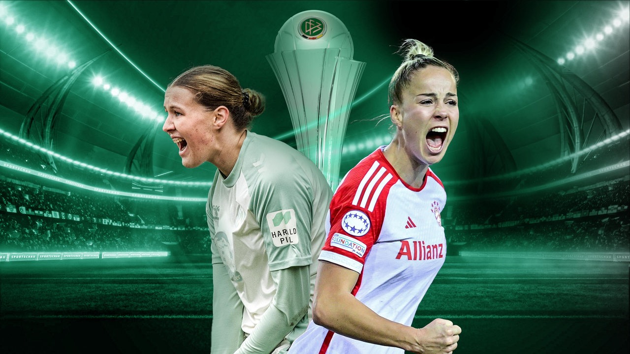 Montage: DFB-Pokal der Frauen und davor links Larissa Mühlhaus (Werder Bremen) und rechts Giulia Gwinn (Bayern München) 